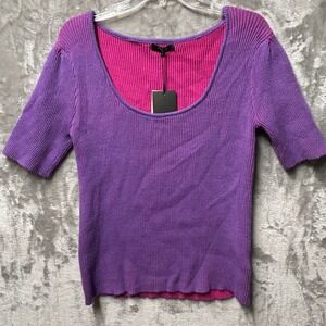 New FRNCH Paris Two Tone Ribbed Knit Puff Sleeve Sweater M Top Purple Pink Chic
